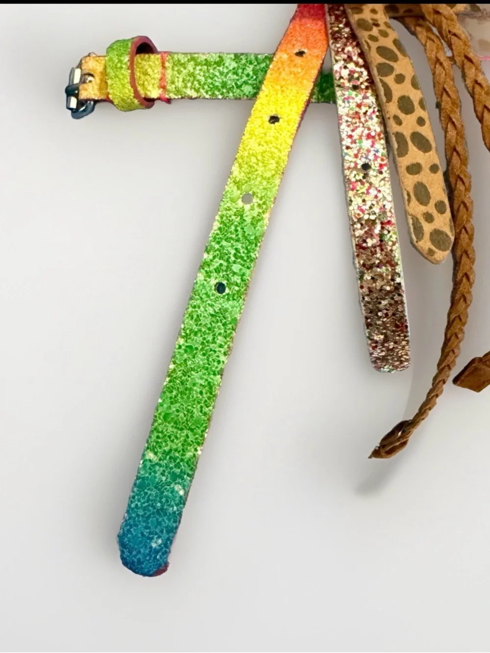 Kids Glitter and Leopard Print Belts Size 6-8 - Rainbow, Pink, Brown